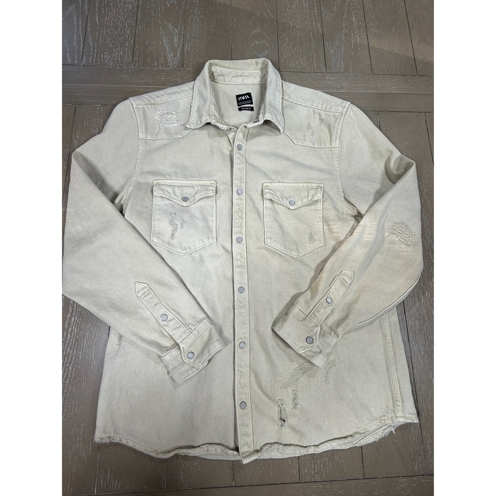 Zara Denim Overshirt Jacket Mens Large Beige‎ Trucker Shacket Distressed Ripped